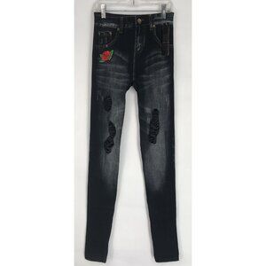 Just One Jeggings Womens Size‎ Large Faux Jeans Rise Floral Stretch Distressed